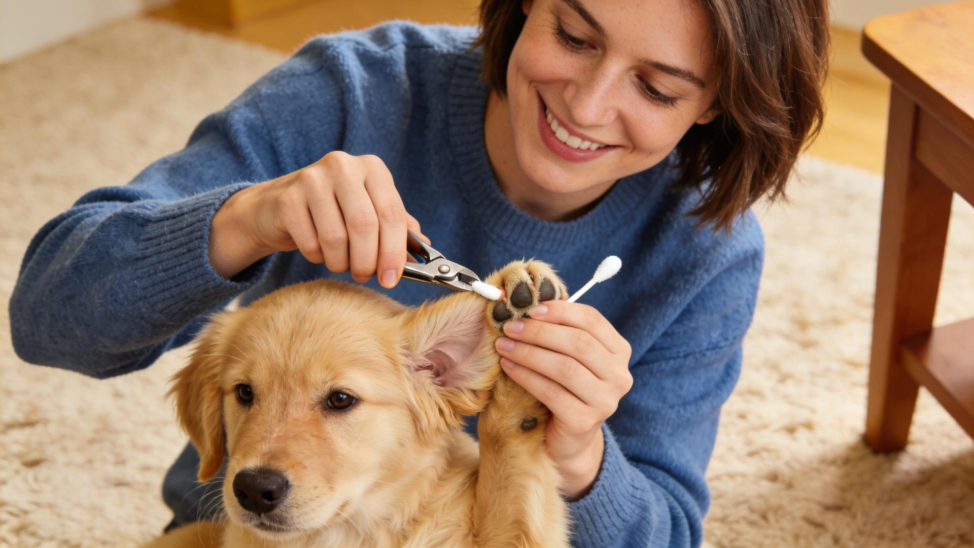Medical desensitization training: Encourage puppies to cooperate with nail trimming and ear turning.