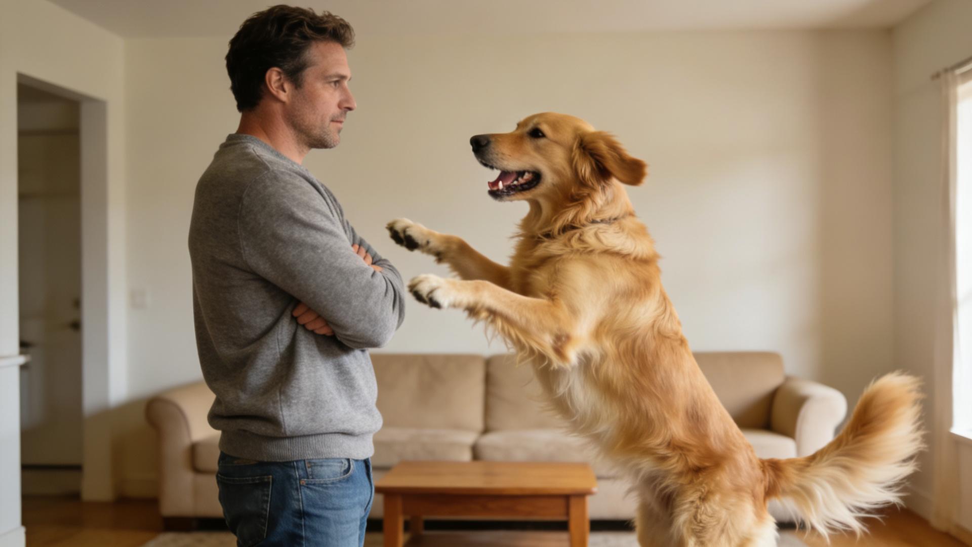 Refrain from jumping on people: Correcting a dog's social etiquette of jumping to greet people when excited.