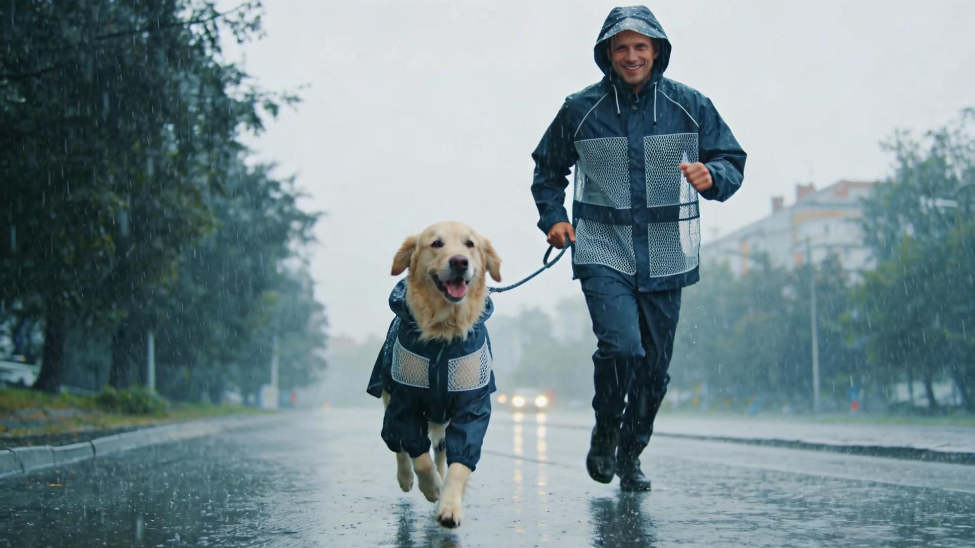 The importance of wearing a raincoat when walking your dog in the rain: Breathability is more important than waterproofness.