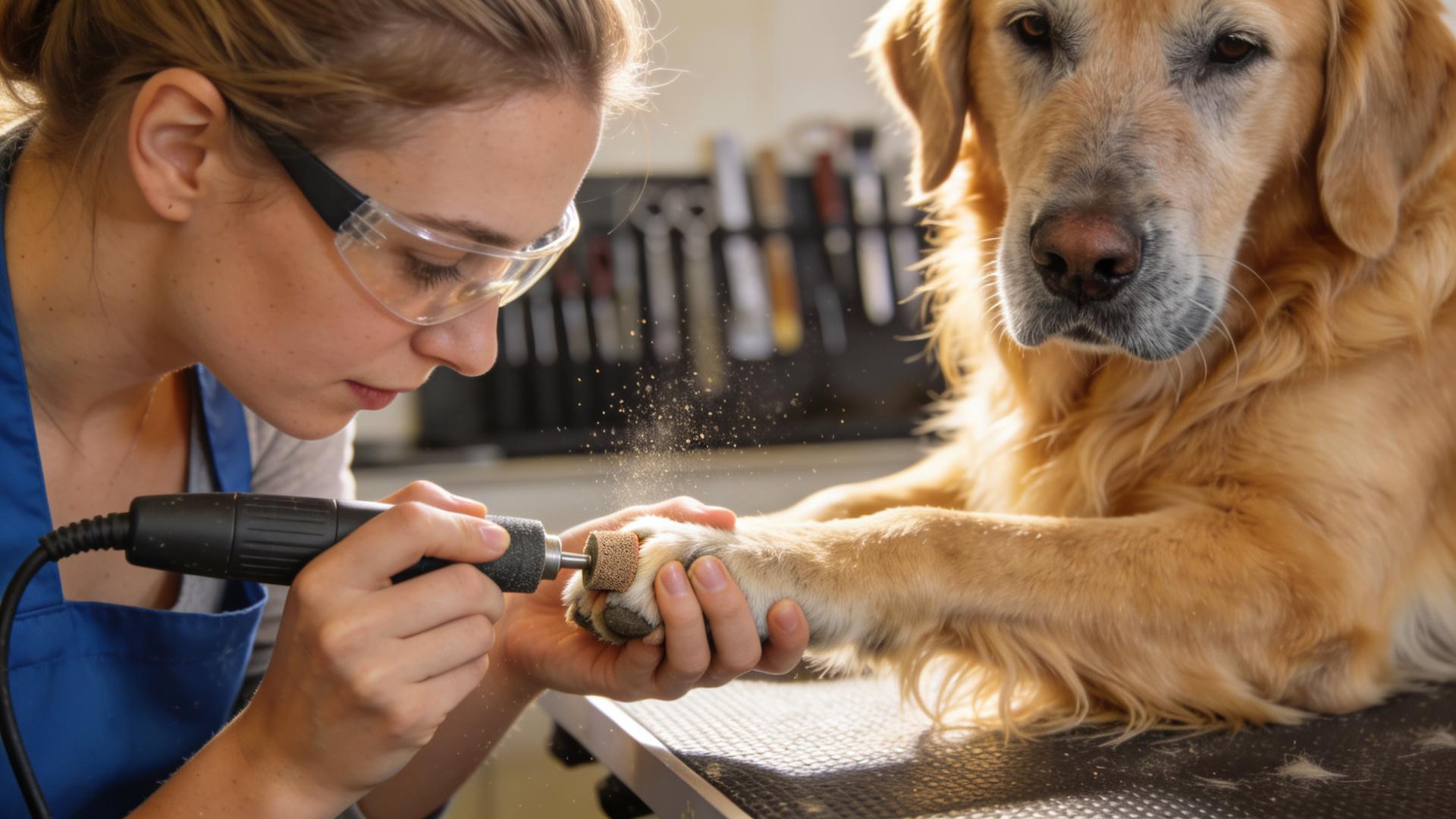 Tips for trimming excessively thickened nails in older dogs: Avoid compressing the nail bed.